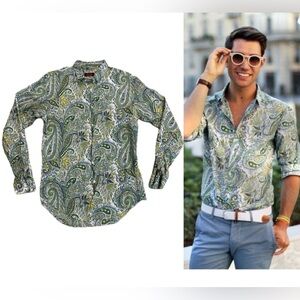 Zara men’s green blue paisley print tropical button down shirt long sleeve Sz L